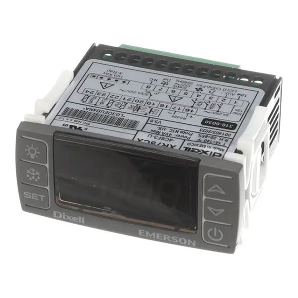 A digital temperature controller labeled Dixell Emerson, used for refrigeration or HVAC systems.