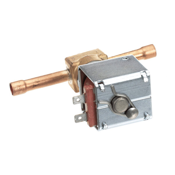 A solenoid valve kit with copper tubing and a metal housing, used for hot gas applications in refrigeration systems.
