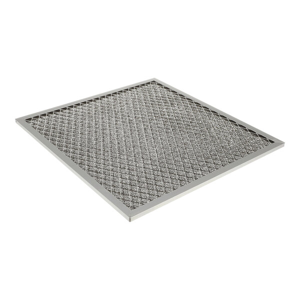 A square metal air filter with a grid pattern and aluminum frame.