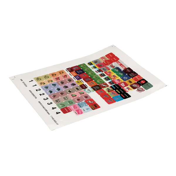 A sheet of assorted beverage decals for a soda fountain machine, featuring various drink brand logos and labels.