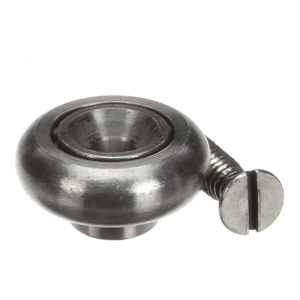 A metal convex roller with an attached slotted screw.