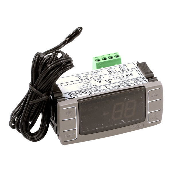 A digital temperature control unit with a display screen, buttons, and an attached sensor probe.