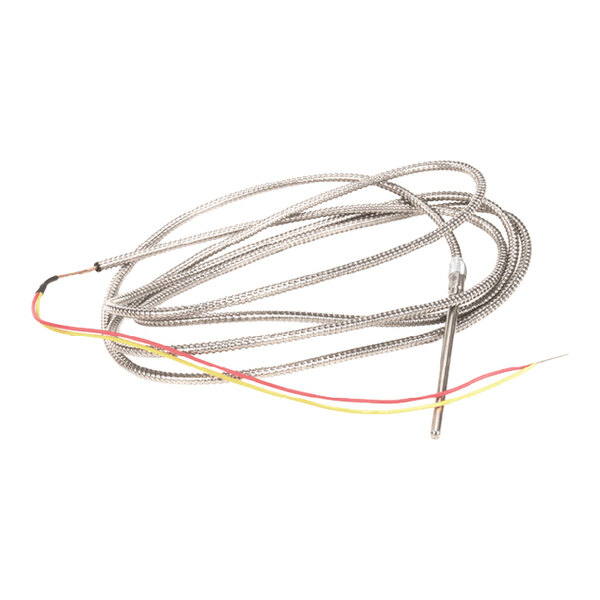 A metal-sheathed thermocouple with attached wires for temperature measurement.