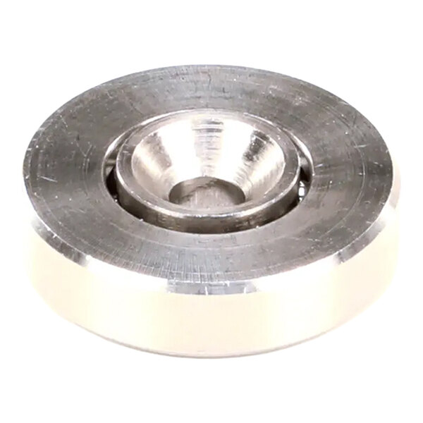 A round metal drawer wheel with a central hole, used for sliding mechanisms in drawers.