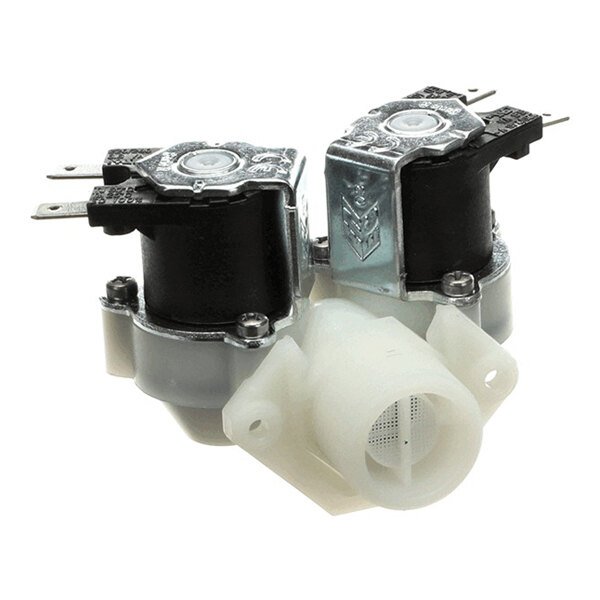 A two-way valve component with dual solenoids and a plastic inlet, typically used in appliances or industrial equipment.