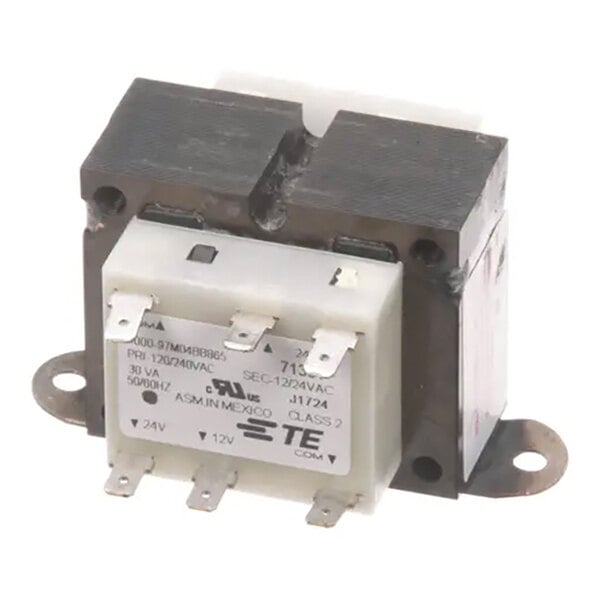 A metal and plastic electrical transformer labeled for 120/240V AC primary and 12/24V AC secondary operation.
