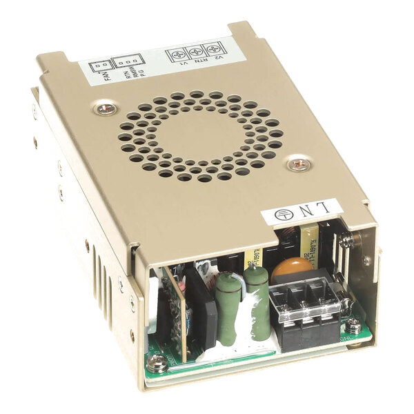 A metal-encased power supply unit with ventilation holes and exposed terminal connections.