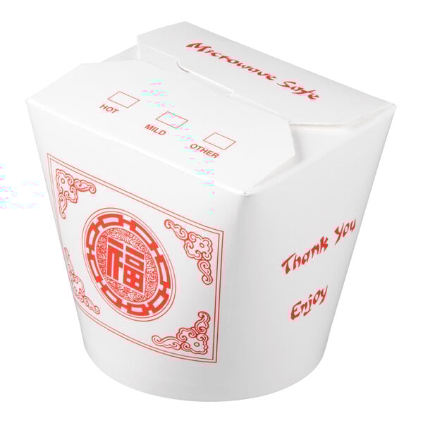 A white 26 oz. microwavable paper take-out container with red printed designs and text, commonly used for Chinese or Asian food.