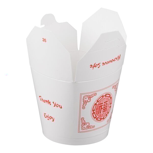 A white 26 oz. printed paper take-out container commonly used for Chinese or Asian food, featuring red designs and text.