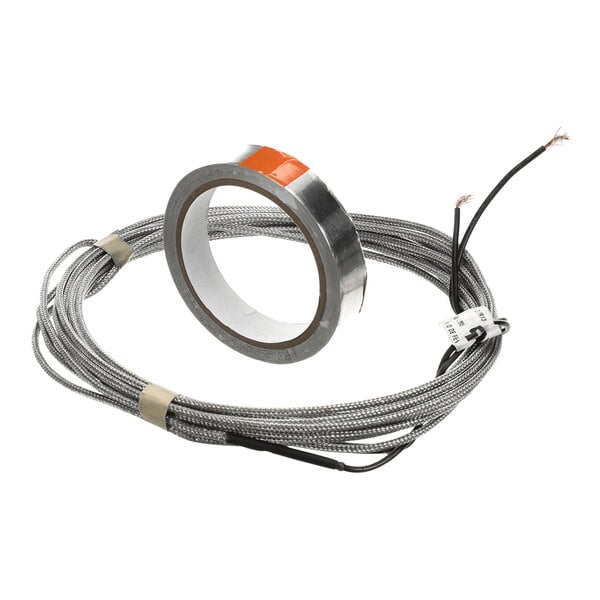 A Kolpak heater wire service and install kit with a roll of metallic tape and a coiled, braided wire with exposed ends.