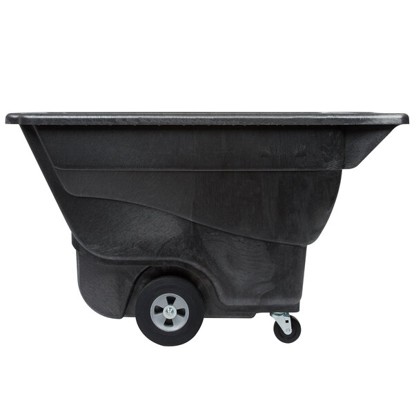 A black plastic bin with wheels.