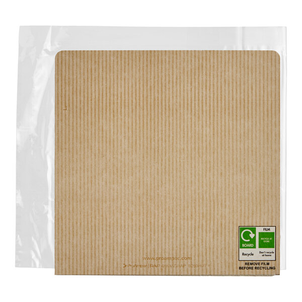 A square paper hot savory pastry take-out container with a clear perforated film attached.
