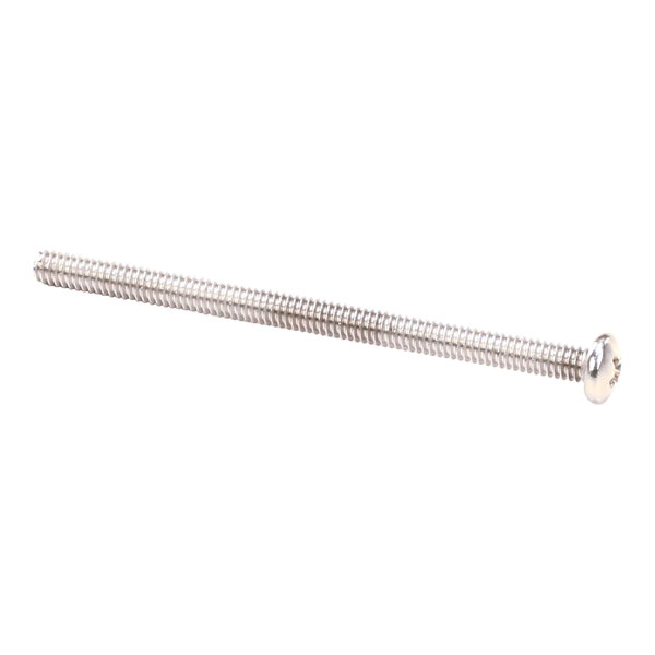 A long, silver, threaded screw with a round head.