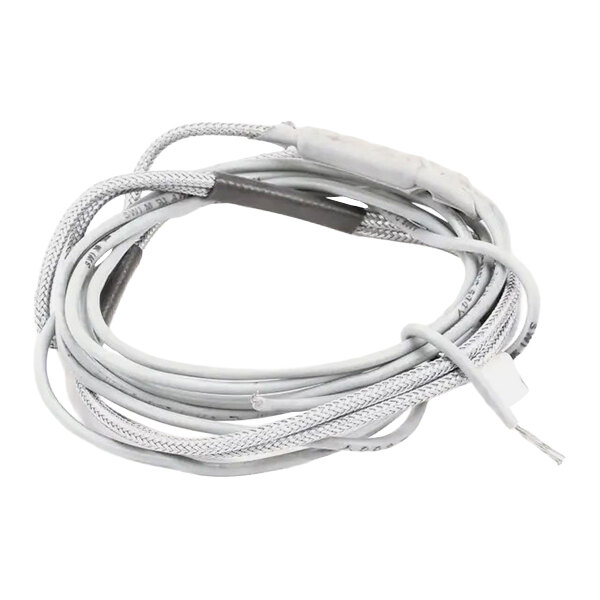 A coiled white heater drain cable with a braided exterior and exposed wire end.
