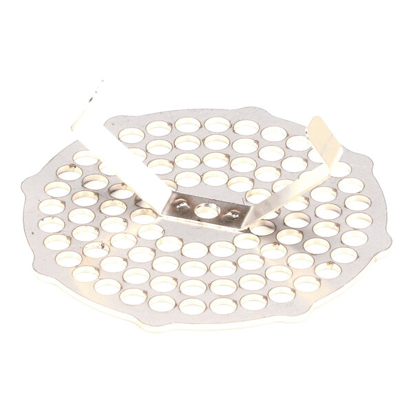 A round metal drain screen with multiple holes and two raised tabs, designed for use in Giorik Evo appliances.