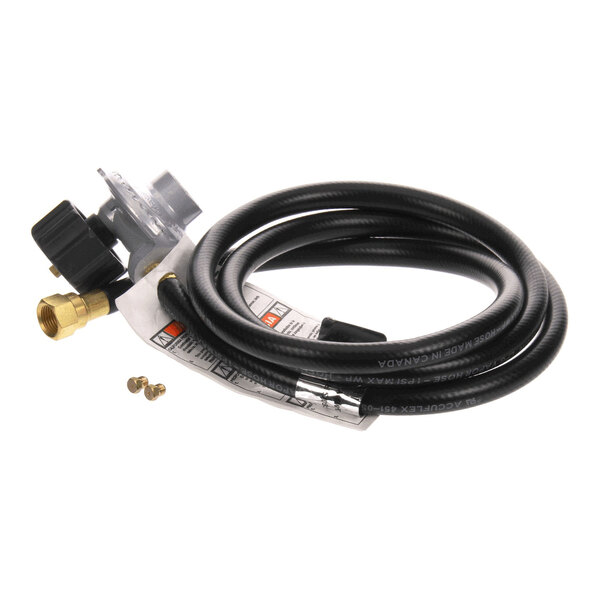 An LP conversion kit with a hose and regulator for converting appliances from natural gas to liquid propane.