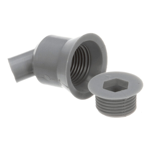 A gray plastic evaporator drain fitting with a threaded cap.
