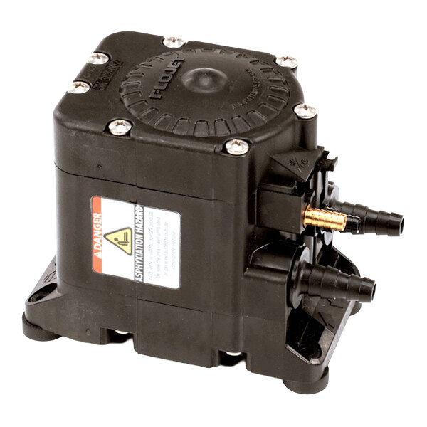 A black Flojet beer pump with multiple hose connectors and a warning label on the side.