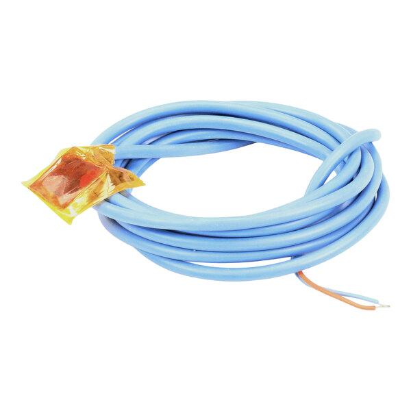 A blue humidity probe with exposed wire ends and a sensor covered in yellow tape.