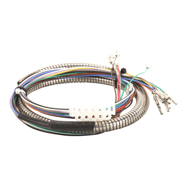 A coiled wiring harness with multiple colored wires, connectors, and protective sleeving.