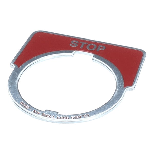 A metal and red nameplate labeled 'STOP' designed for use with Falcon hardware.