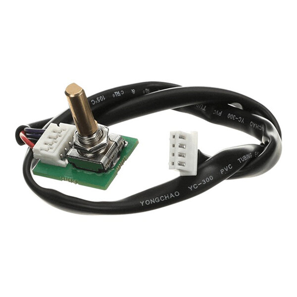 An electronic rotary encoder with a circuit board and attached cable, used for control interfaces in equipment.