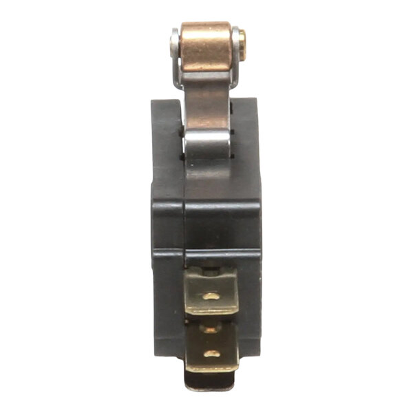 A micro switch with a roller wheel and two metal terminals.