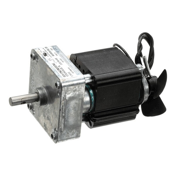 A drive motor with a metal housing, a protruding shaft, and an attached black fan blade.