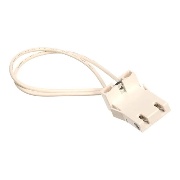 A white snap-in lamp holder with attached wires, designed for use with specific lighting fixtures.
