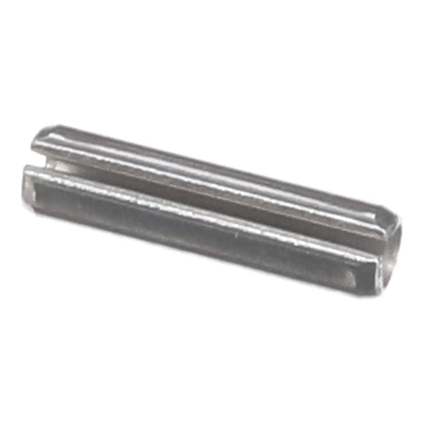 A small cylindrical stainless steel spring pin with a longitudinal slot.
