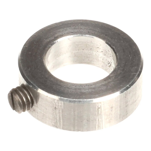 A metal rod collar with a set screw, used for securing components on a shaft.