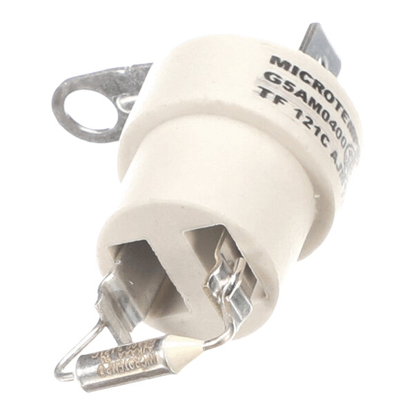 A cylindrical thermal fuse with metal terminals and a mounting bracket.