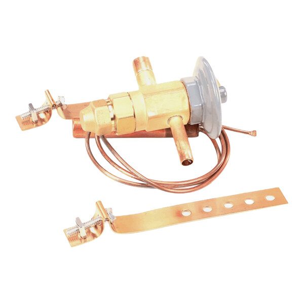 A brass thermo expansion valve with attached copper tubing and mounting hardware.