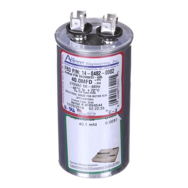 A cylindrical run capacitor for a compressor, labeled FBD 14-0482-0002 with a 40 microfarad rating.