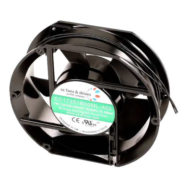 A black axial condenser fan motor with a circular frame and multiple blades, labeled with product and electrical information.