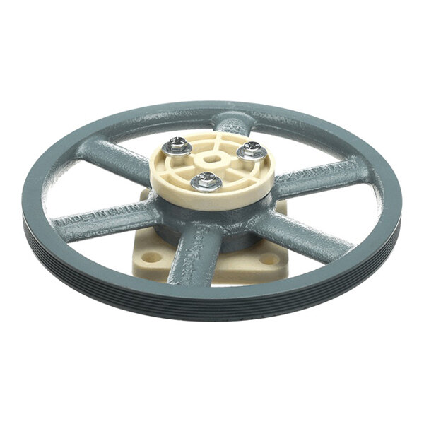 A 10-inch metal flywheel assembly with a central hub and mounting screws.