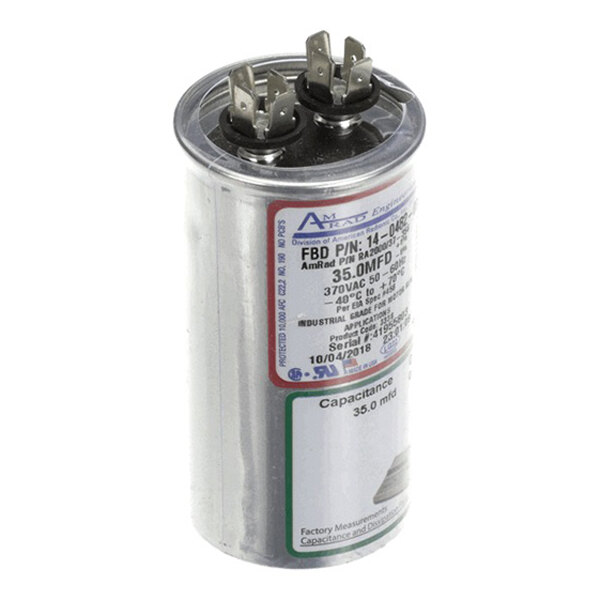 A cylindrical run capacitor with dual terminals, labeled FBD 14-0482-0001, used for compressors.