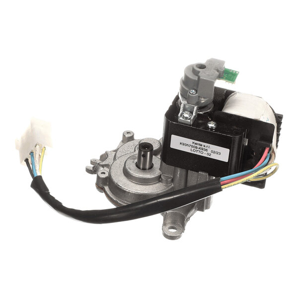 A complete gear motor with a hall sensor and attached wiring harness.