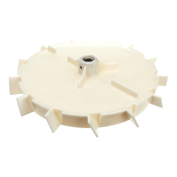 A white plastic wheel assembly with angled fins and a central hexagonal hub, used for dispensing nugget ice.