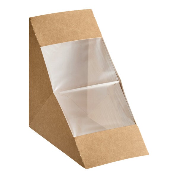 A kraft paper deep-fill sandwich wedge container with a clear window on the front.