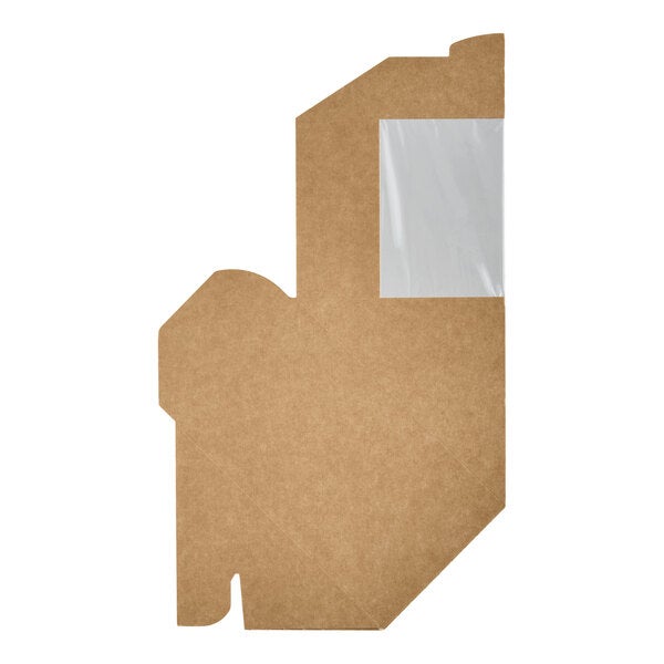 A flat, unfolded kraft paper sandwich wedge container with a clear plastic window.