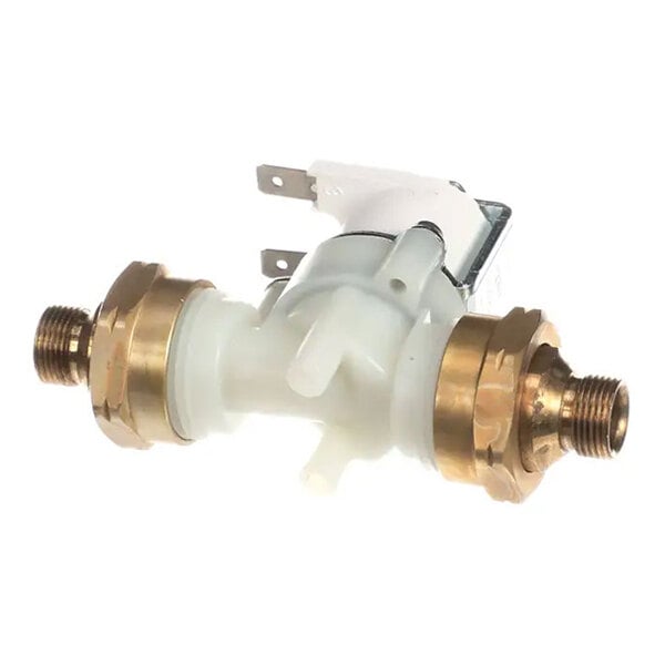 A Delta Faucet Company D063257A solenoid with adaptor featuring brass fittings and a white plastic body.