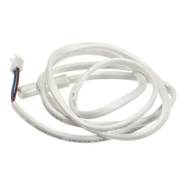 A white thermistor sensor with an attached cable and connector.