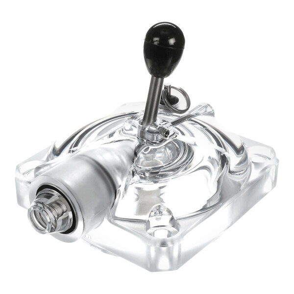 A clear faceplate assembly with a metal lever and nozzle, designed for use in a Venturi FCB (Frozen Carbonated Beverage) machine.