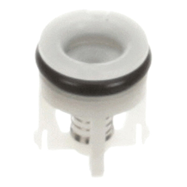 A small cylindrical check valve with a white plastic body and a black O-ring, designed for fluid control applications.