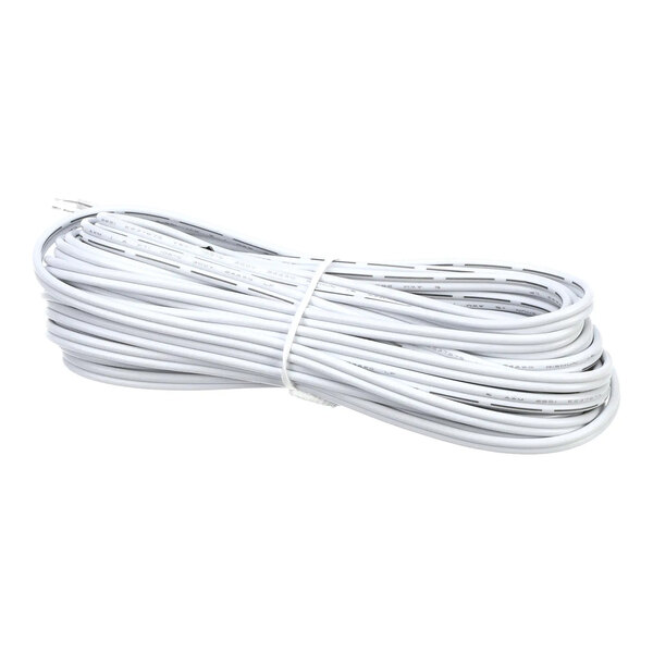 A coiled white electrical probe wire with printed labeling, secured with a twist tie.