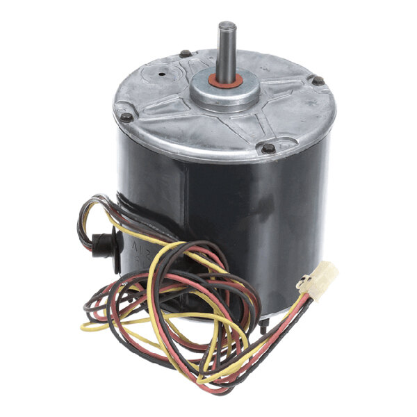 A cylindrical electric fan motor with attached wires and a metal shaft, used in HVAC systems.