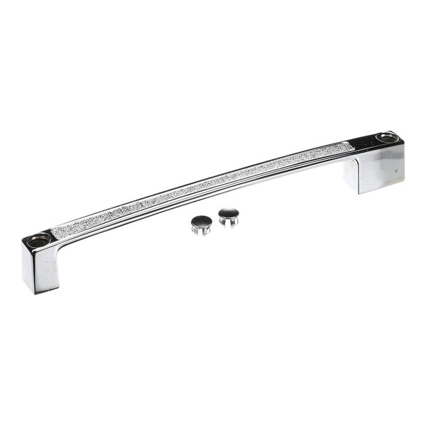 A chrome handle with a textured grip and two accompanying mounting caps.
