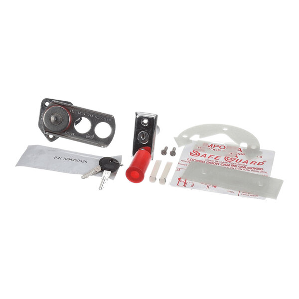 A door lock kit with a cylinder lock, inside release mechanism, keys, screws, and installation accessories.