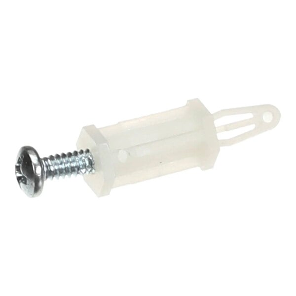 A plastic stand-off screw type assembly with a metal screw, used for mounting or spacing components.